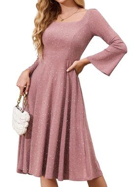 BeryLove Long Sleeve Sequin Midi Dress Square Neck Cocktail Bridesmaid Blush S